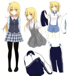 Rule 34 | 1girl, arms behind back, bad id, bad pixiv id, beifeng han, black footwear, black pantyhose, blonde hair, character sheet, checkered clothes, checkered dress, cyou shigen, dress, full body, gym uniform, jacket, long hair, long sleeves, looking at viewer, multiple views, original, pants, pantyhose, plaid, plaid skirt, pleated skirt, ponytail, revision, shoes, shorts, simple background, skirt, standing, striped clothes, striped shorts, track jacket, track pants, uniform, white background, yellow eyes