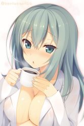 Rule 34 | 1girl, :o, aotsu karin, bad id, bad pixiv id, blowing, blue eyes, blue hair, blush, breasts, cleavage, coffee, collarbone, crossed bangs, cup, dress shirt, fingernails, hair between eyes, holding, holding cup, large breasts, long hair, long sleeves, looking at viewer, no bra, nose blush, open clothes, open shirt, riddle joker, shikibe mayu, shiny skin, shirt, sidelocks, solo, steam, tsurime, twitter username, upper body, wet, wet clothes, wet shirt, white background