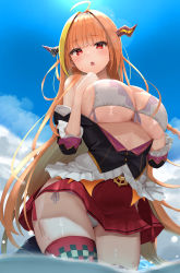 Rule 34 | 1girl, :o, ahoge, bare shoulders, bikini, black shirt, blue sky, breasts, cleavage, cloud, day, dragon horns, fang, frills, front-tie bikini top, front-tie top, groin, hairband, hands on own chest, highres, hololive, horns, huge breasts, kiryu coco, kiryu coco (1st costume), long hair, looking at viewer, miniskirt, off shoulder, open clothes, open mouth, orange hair, outdoors, red eyes, red skirt, red thighhighs, reinama, shirt, side-tie peek, skirt, sky, solo, sunlight, swimsuit, thighhighs, thighs, unbuttoned, very long hair, virtual youtuber, wading, water, wet, white bikini
