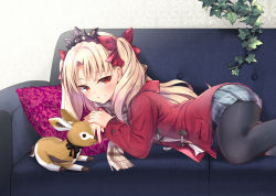 Rule 34 | 1girl, bankoku ayuya, black pantyhose, blonde hair, blue skirt, blush, bow, brown eyes, coat, couch, diadem, ereshkigal (fate), fate/grand order, fate (series), grey scarf, grin, hair bow, long hair, lying, miniskirt, on side, pantyhose, pillow, pleated skirt, red bow, red coat, scarf, shiny clothes, skirt, smile, solo, stuffed animal, stuffed toy, twintails, very long hair