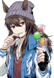 Rule 34 | 1girl, beanie, black gloves, blue jacket, brown eyes, brown hair, candy, collared shirt, fingerless gloves, food, food in mouth, gloves, grey hat, hands up, hat, highres, holding, holding candy, holding food, holding lollipop, jacket, jemma (mashirahoshi), lollipop, long hair, long sleeves, looking at viewer, nakayama festa (umamusume), red sweater, shirt, simple background, single glove, solo, sweater, sweater vest, umamusume, upper body, white background, white shirt