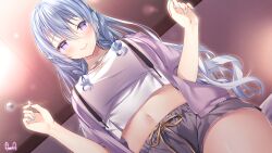 Rule 34 | 1girl, blue hair, blush, braid, breasts, ceiling, closed mouth, commission, drop.b, grey shorts, hair between eyes, hair ornament, highres, indoors, iris lucen, jacket, large breasts, light up, long hair, looking at viewer, midriff, mimikaki, navel, pixiv commission, purple eyes, purple jacket, shirt, short shorts, shorts, signature, smile, solo, very long hair, virtual youtuber, white shirt