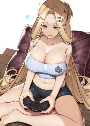 Rule 34 | 1girl, azur lane, bags under eyes, bare shoulders, barefoot, bike shorts, black shorts, blonde hair, breasts, bunker hill (azur lane), bunker hill (mission relaxation) (azur lane), cleavage, commentary request, controller, duplicate, folded hair, game console, game controller, hair ornament, hairclip, large breasts, long hair, midriff, navel, official alternate costume, open mouth, pillow, pixel-perfect duplicate, playing games, playstation 4, playstation controller, saliva, short shorts, shorts, sitting, sleepy, strap slip, tank top, thighs, very long hair, white tank top, wooden floor, xe (execut3r), yellow eyes