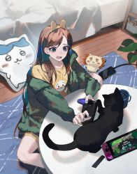 Rule 34 | 1girl, absurdres, animal ears, bed, bedroom, black cat, blue eyes, blue nails, brown hair, carpet, cat, cellphone, charging device, commentary request, controller, cup, fake animal ears, fingernails, game controller, green jacket, hairband, highres, holding, holding controller, holding game controller, jacket, long hair, looking at animal, mizumi zumi, nail polish, nintendo switch, on floor, open clothes, open jacket, open mouth, orange nails, original, phone, pillow, plant, playstation controller, shirt, smartphone, solo, stuffed toy, swept bangs, table, teeth, upper teeth only, wooden floor, yellow hairband, yellow shirt