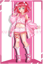 Rule 34 | 1girl, absurdres, blush, bow, candy, character name, choker, collarbone, crop top, food, full body, green eyes, hair bow, hair ornament, hairclip, high heels, highres, holding, holding candy, holding food, holding lollipop, jacket, kneehighs, kuntze, kurosawa ruby, lollipop, long sleeves, looking at viewer, love live!, love live! sunshine!!, navel, pink footwear, pink jacket, pink nails, red hair, short hair, short shorts, shorts, smile, socks, solo, white bow, white shorts, white socks, x hair ornament