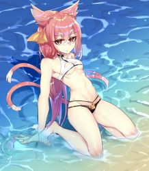 Rule 34 | 1girl, animal ears, beach, bell, bikini, blazblue, blazblue: calamity trigger, breasts, candy, cleavage, eyebrows, food, glasses, hair ribbon, highres, kokonoe (blazblue), lollipop, long hair, mouth hold, multiple tails, ocean, pink hair, ponytail, ribbon, sand, sitting, small breasts, solo, swimsuit, tail, underboob, wariza, yellow eyes, yukinohito (koutyanomitai)