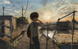 Rule 34 | 1girl, absurdres, anko1127, backlighting, backpack, bag, blue sky, bright pupils, brown hair, clenched hand, cloud, cloudy sky, commentary request, cowboy shot, dress shirt, evening, fence, from side, glaring, gradient sky, hand up, highres, looking at viewer, looking to the side, mountainous horizon, neck ribbon, orange sky, original, outdoors, path, pleated skirt, power lines, red ribbon, ribbon, rice paddy, road, scenery, school uniform, shack, shirt, shirt tucked in, short hair, short sleeves, skirt, sky, solo, sun, tears, town, utility pole, v-shaped eyebrows, white pupils, wiping tears