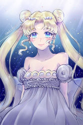 Rule 34 | 1girl, bad id, bad pixiv id, bare shoulders, bishoujo senshi sailor moon, blue background, blue eyes, crescent, crescent facial mark, detached sleeves, double bun, dress, earrings, facial mark, gem, gradient background, hair bun, hair ornament, hairclip, jewelry, light smile, long hair, looking at viewer, parted bangs, pearl (gemstone), princess serenity, puffy short sleeves, puffy sleeves, shainea, short sleeves, signature, solo, strapless, strapless dress, tears, tsukino usagi, twintails, white dress