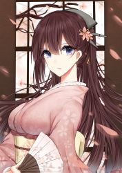 Rule 34 | 1girl, 3874384829, blue eyes, breasts, brown hair, flower, hair flower, hair ornament, hairband, hand fan, holding, holding fan, japanese clothes, kimono, long hair, looking at viewer, medium breasts, nagato (warship girls r), open mouth, petals, pink kimono, simple background, solo, warship girls r, yukata