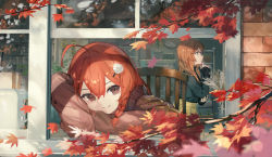 Rule 34 | 2girls, ahoge, autumn, autumn leaves, black shirt, branch, bread slice, brick wall, brown eyes, brown hair, brown shirt, brown skirt, chair, closed mouth, commentary request, day, flower, food, from outside, hair between eyes, hair flower, hair ornament, hairclip, highres, kobuta, leaf, long hair, long sleeves, maple leaf, multiple girls, on chair, original, outdoors, profile, rose, shirt, sitting, skirt, sleeves past fingers, sleeves past wrists, smile, toast, toaster, white flower, white rose, window