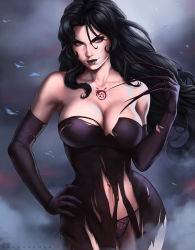 Rule 34 | 1girl, black dress, black hair, breasts, claws, cleavage, dandon fuga, dress, elbow gloves, covered erect nipples, fullmetal alchemist, gloves, hand on own hip, lace, lace-trimmed panties, lace trim, looking at viewer, lust (fma), navel, pale skin, panties, purple eyes, smile, solo, stomach, tattoo, torn clothes, torn dress, underwear