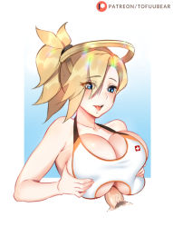 Rule 34 | 1girl, artist name, blonde hair, blue eyes, blush, breasts squeezed together, breasts, eyes visible through hair, flag print, halo, halterneck, high ponytail, huge breasts, looking down, mechanical halo, mercy (overwatch), open mouth, overwatch, overwatch 1, paizuri, paizuri under clothes, patreon logo, penis, smile, solo focus, swiss flag, tofuubear, tongue, tongue out, uncensored, upper body
