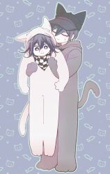Rule 34 | 2boys, :3, animal costume, animal ears, animal print, black hair, black headwear, carrying, carrying person, cat costume, cat ears, cat print, cat tail, checkered clothes, checkered scarf, closed eyes, closed mouth, danganronpa (series), danganronpa v3: killing harmony, fake animal ears, fake tail, fang, fish print, height difference, highres, male focus, multiple boys, oma kokichi, outline, purple eyes, saihara shuichi, scarf, short hair, suzuko (katahaba v3), sweatdrop, tail, white outline