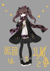 Rule 34 | 1girl, adjusting clothes, alternate costume, black pantyhose, blouse, boots, brown hair, character name, checkered clothes, checkered scarf, checkered skirt, coat, contemporary, full body, grey background, hair ribbon, hat, himekaidou hatate, long hair, ngayope, pantyhose, pointy ears, purple eyes, ribbon, scarf, shirt, skirt, solo, standing, striped clothes, striped pantyhose, tokin hat, touhou, twintails