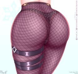 Rule 34 | 1girl, artist name, ass, ass focus, fishnet pantyhose, fishnets, from behind, genshin impact, head out of frame, highres, pantyhose, pilen, rosaria (genshin impact), shiny clothes, shiny skin, solo, thigh strap, thong, thong under pantyhose