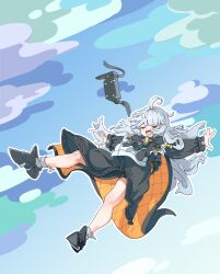 Rule 34 | 1girl, :d, absurdres, ahoge, armored boots, black bow, black dress, boots, bow, cloak, closed eyes, cloud, dress, falling, fang, full body, goddess of victory: nikke, highres, kiwi forest, long hair, open arms, open mouth, skin fang, sky, smile, snow white (innocent days) (nikke), snow white (nikke), solo, unworn headwear, visor (armor), white cloak, white hair