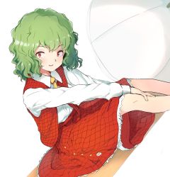 Rule 34 | 1girl, absurdres, aged down, ascot, child, commentary, green hair, highres, kazami yuuka, long sleeves, looking at viewer, medium hair, plaid, plaid skirt, plaid vest, red eyes, red skirt, red vest, ripu (lipi), shirt, simple background, sitting, skirt, solo, touhou, umbrella, vest, wavy hair, white background, white shirt, white umbrella, yellow ascot