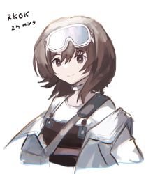 Rule 34 | 1girl, arknights, brown eyes, brown hair, choker, cropped torso, genieko, goggles, goggles on head, jacket, looking at viewer, off shoulder, open clothes, open jacket, roberta (arknights), shirt, simple background, smile, solo, upper body, white background, white choker, white jacket, white shirt