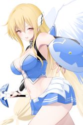 Rule 34 | 1girl, angel, angel wings, astraea (sora no otoshimono), bare shoulders, blonde hair, breasts, cleavage, collar, exiadoon, highres, large breasts, long hair, looking at viewer, low-tied long hair, midriff, navel, red eyes, shield, skirt, solo, sora no otoshimono, sword, very long hair, weapon, wings