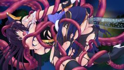 Rule 34 | 1girl, arms behind back, ass, black pantyhose, breasts, censored, double penetration, female focus, game cg, gensei shinki lineage, gloves, hair ornament, high heels, long hair, multiple penetration, night, nipples, open mouth, pantyhose, purple eyes, purple hair, pussy, solo, tentacles, torn clothes, torn pantyhose, triangle (company), white gloves, yuuki setsu