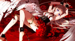 Rule 34 | 1girl, armpits, arms up, barefoot, blood, blood on face, blood on clothes, bloody weapon, feathered wings, ia (vocaloid), layered skirt, long hair, looking at viewer, lying, on back, parted lips, pink hair, purple eyes, red skirt, restrained, shirt, skirt, sleeveless, sleeveless shirt, solo, suspender skirt, suspenders, torn clothes, torn shirt, vocaloid, weapon, white shirt, white wings, wings, yuuki kira