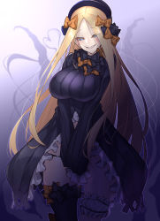 Rule 34 | 1girl, abigail williams (fate), aged up, alternate breast size, black dress, black hat, black panties, blonde hair, bloomers, blue eyes, bow, breasts, colored skin, dress, evil grin, evil smile, fate/grand order, fate (series), grin, hair bow, hat, highres, large breasts, long hair, multiple hair bows, orange bow, panties, parted bangs, polka dot, polka dot bow, sleeves past wrists, smile, solo, tentacles, underwear, very long hair, watosu, watosu (watosu mama), white bloomers, white hair, white skin, witch hat
