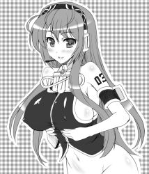 Rule 34 | 1girl, bare shoulders, bottomless, breast hold, breast lift, breasts, covered erect nipples, greyscale, headset, kawase seiki, large breasts, long hair, looking at viewer, megurine luka, monochrome, navel, open mouth, out-of-frame censoring, sideboob, smile, solo, vocaloid