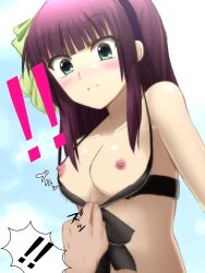 Rule 34 | !, !!, 1girl, 1other, accidental pervert, angel beats!, bikini, bikini pull, bikini top pull, black bikini, black hairband, blunt bangs, blush, breasts, cleavage, closed mouth, clothes pull, collarbone, commentary request, day, eyes visible through hair, green eyes, green ribbon, hair ribbon, hairband, halterneck, highres, lelie (lelie link), looking down, medium breasts, medium hair, motion lines, nakamura yuri, nipples, outdoors, purple hair, ribbon, sidelocks, solo, sound effects, speech bubble, split mouth, straight hair, surprised, swimsuit, upper body