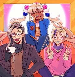 Rule 34 | 1girl, 2boys, :3, arm on knee, black coat, blonde hair, blue jacket, breasts, brown sweater vest, closed eyes, coat, cup, dark-skinned female, dark skin, double v, earrings, glasses, gloves, grey hairband, hair ornament, hairband, hand on own chin, happy, highres, holding, holding cup, hololive, hololive english, holostars, holostars english, jacket, jewelry, large breasts, laughing, letterman jacket, limiter (tsukumo sana), long hair, magni dezmond, medium hair, ministarfruit, mole, mole under mouth, multicolored hair, multiple boys, necklace, noir vesper, open clothes, open coat, open jacket, pants, pink shirt, planet hair ornament, purple nails, purple pants, sanallite (tsukumo sana), shirt, sidelocks, sitting, smile, star (symbol), star necklace, sweater vest, teacup, tsukumo sana, turtleneck, twintails, v, virtual youtuber