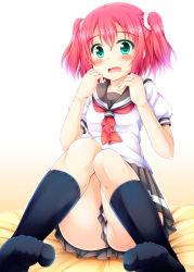 Rule 34 | 10s, 1girl, aqua eyes, ass, bed sheet, blue legwear, blush, commentary request, knees together feet apart, kurosawa ruby, looking at viewer, love live!, love live! sunshine!!, neckerchief, no shoes, open mouth, pleated skirt, red eyes, red hair, school uniform, scrunchie, serafuku, short sleeves, sitting, skirt, solo, tekehiro, tie clip, two side up
