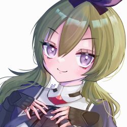 Rule 34 | &gt;:), 1girl, artist name, assault lily, black bow, black gloves, black ribbon, black shirt, bow, closed mouth, commentary request, cropped jacket, fingerless gloves, gloves, green hair, hair between eyes, hair bow, hands up, highres, long hair, long sleeves, looking at viewer, low twintails, myuru (q t a q), neck ribbon, portrait, purple eyes, ribbon, school uniform, shirt, simple background, solo, twintails, two-tone shirt, v-shaped eyebrows, white background, white shirt, yamanashi hibari, yurigaoka girls academy school uniform