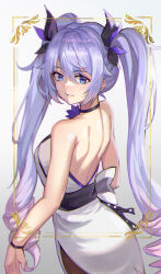 Rule 34 | 1girl, a-soul, absurdres, ava (a-soul), backless dress, backless outfit, bare arms, bare back, bare shoulders, black choker, black sash, blue eyes, breasts, choker, commentary request, dress, ginyasama, gradient background, grey background, grin, highres, long hair, looking at viewer, medium breasts, purple hair, sash, sleeveless, sleeveless dress, smile, solo, twintails, upper body, very long hair, white dress