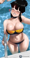 Rule 34 | 1girl, 1other, ^ ^, absurdres, bandeau, bare shoulders, bikini, black choker, black hair, blush, breasts, chi-chi (dragon ball), choker, cleavage, closed eyes, collarbone, commentary, dragon ball, dragonball z, echo saber, grin, groin, highres, large breasts, mature female, medium hair, navel, nose blush, red lips, smile, solo focus, stomach, strapless, strapless bikini, swimsuit, thighs, tube top, wading, water