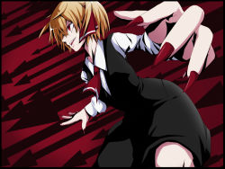Rule 34 | 1girl, arrow (symbol), ascot, blonde hair, dress shirt, fingernails, foreshortening, hair ribbon, knees, long sleeves, nail polish, neck, neko zukin, open mouth, outstretched arms, red background, ribbon, rumia, shirt, short hair, skirt, skirt set, solo, spread arms, touhou, vest