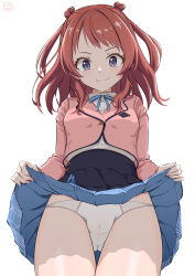 1girl absurdres blue_eyes blue_overskirt blue_ribbon blue_skirt blush brown_hair closed_mouth clothes_lift collared_shirt commentary_request cropped_jacket dress_shirt gakuen_idolmaster gluteal_fold hanami_saki hatsuboshi_gakuen_school_uniform highres idolmaster jacket lifting_own_clothes long_hair long_sleeves looking_at_viewer neck_ribbon overskirt panties pink_jacket pleated_skirt ribbon school_uniform shirt sirokohi skirt skirt_lift smile solo two_side_up underwear white_panties white_shirt