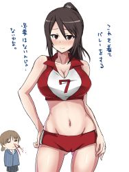 Rule 34 | 10s, 2girls, aki (girls und panzer), black hair, blood, blush, breasts, brown eyes, buruma, cameltoe, cleavage, contrapposto, girls und panzer, gluteal fold, hand on own hip, highres, large breasts, long hair, looking at viewer, midriff, mika (girls und panzer), mordeth, multiple girls, navel, nose blush, nosebleed, ponytail, smile, sportswear, standing, track uniform, volleyball uniform, wavy mouth