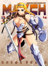 Rule 34 | 1girl, artist name, blonde hair, braid, breasts, holding, holding sword, holding weapon, jadenkaiba, large breasts, leina (queen&#039;s blade), queen&#039;s blade, revealing clothes, shield, solo, sword, thong, twin braids, weapon, wide hips