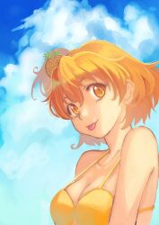 Rule 34 | 1girl, :p, bikini, blonde hair, blue sky, breasts, closed mouth, cloud, cloudy sky, commentary, day, food-themed hair ornament, fresh precure!, hair ornament, jj (ssspulse), looking at viewer, medium breasts, one side up, outdoors, pineapple hair ornament, precure, short hair, sky, smile, solo, swimsuit, tongue, tongue out, yamabuki inori, yellow bikini, yellow eyes