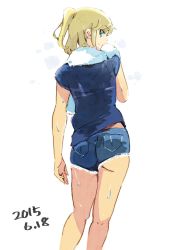 Rule 34 | 1girl, ass, back, blonde hair, denim, denim shorts, flat ass, from behind, highres, kuro (toi et moi), looking back, rasberry, shirt, shorts, simple background, solo, t-shirt, towel, towel around neck