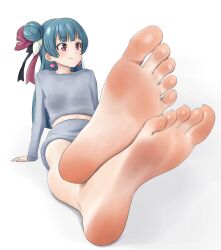 Rule 34 | 1girl, absurdres, arm support, bare legs, barefoot, blue hair, closed mouth, crossed ankles, earrings, feather hair ornament, feet, female focus, foot focus, full body, genjitsu no yohane, grey shirt, hair bun, hair ornament, heart, heart earrings, highres, jewelry, long hair, long sleeves, looking to the side, love live!, love live! sunshine!!, navel, pink eyes, shirow (mha03133), shirt, single side bun, sitting, smile, soles, solo, toenails, toes, tsushima yoshiko