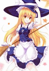 Rule 34 | 1girl, apron, blonde hair, bow, braid, broom, colored pencil (medium), grin, hat, hat bow, highres, kirisame marisa, kittona, long hair, looking at viewer, millipen (medium), puffy short sleeves, puffy sleeves, shirt, short sleeves, single braid, skirt, skirt set, smile, solo, star (symbol), touhou, traditional media, very long hair, vest, waist apron, watercolor pencil (medium), witch hat, yellow eyes