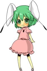 Rule 34 | 1girl, :&lt;, animal ears, antennae, bad id, bad pixiv id, bug, child, dress, female focus, green hair, if they mated, inaba tewi, rabbit ears, rabbit girl, rabbit tail, short hair, solo, tail, taiyouno hatake, touhou, transparent background, wriggle nightbug