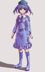 Rule 34 | 1girl, absurdres, backpack, bag, blue eyes, blue hair, boots, dress, full body, grey background, hair bobbles, hair ornament, hat, highres, kawashiro nitori, key, long sleeves, matching hair/eyes, naminori, pocket, riro (breakthrough rr), rubber boots, short hair, simple background, skirt, skirt set, solo, touhou, twintails, two side up