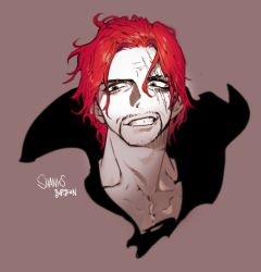 Rule 34 | 1boy, brown background, character name, facial hair, goatee, grin, hair between eyes, male focus, one piece, pigeon666, red hair, sanpaku, scar, scar across eye, scar on face, shanks (one piece), short hair, signature, simple background, smile, solo, stubble