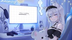 Rule 34 | 1girl, animal ears, arm strap, bare shoulders, black choker, black shirt, breasts, choker, closed mouth, computer, crop top, detached sleeves, ear piercing, earrings, extra ears, frilled choker, frilled shirt, frills, from side, headdress, highres, indie virtual youtuber, jewelry, long hair, looking at viewer, medium breasts, mouse ears, piercing, playstation controller, purple eyes, shano hiyori, shirt, smile, solo, upper body, virtual youtuber, white hair, yamane nemu (vtuber)