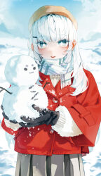 Rule 34 | 1girl, absurdres, black gloves, blue sky, blush, commentary request, day, gloves, grey skirt, hair ornament, hairclip, hat, highres, holding snowman, jacket, korean commentary, long hair, looking at viewer, open mouth, original, outdoors, red jacket, scarf, skirt, sky, smile, snow, snowman, solo, sweater, white eyes, white hair, white scarf, white sweater, winter, winter clothes, yonchan