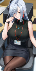 Rule 34 | 1girl, black shirt, black skirt, blouse, blue eyes, blush, braid, breasts, brown pantyhose, contemporary, earrings, genshin impact, hair ornament, hair over one eye, highres, id card, jewelry, lanyard, large breasts, long hair, looking at viewer, low-braided long hair, low-tied long hair, necklace, office lady, pantyhose, pencil skirt, pendant, piukute062, ribbed shirt, shenhe (genshin impact), shirt, silver hair, sitting, skirt, sleeveless, sleeveless shirt, tassel, tassel earrings, thighs, very long hair