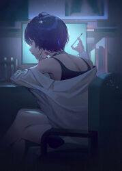 Rule 34 | 1girl, beaker, black hair, black tank top, book, chair, closed mouth, computer, crossed legs, doctor, facing to the side, fajyobore, from behind, highres, holding, holding pen, lab coat, light particles, monitor, off shoulder, office, pen, persona, persona 5, red eyes, red nails, screen light, short hair, sitting, solo, sticky note, studded choker, takemi tae, tank top
