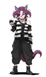 Rule 34 | 1girl, absurdres, alternate costume, alternate hairstyle, animal ears, baggy pants, black choker, black footwear, black pants, black shirt, blush, boots, brown hair, choker, commentary request, ear piercing, earrings, eyepatch, full body, hair between eyes, highres, horse ears, horse girl, horse tail, jewelry, looking at viewer, medium hair, miya nns35, multicolored hair, pants, pendant choker, piercing, shirt, simple background, single bare shoulder, solo, spiked choker, spikes, streaked hair, striped clothes, striped shirt, tail, tanino gimlet (umamusume), tongue, tongue out, two-tone shirt, two side up, umamusume, white background, white hair, white shirt, yellow eyes