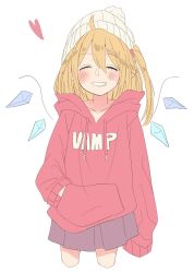 Rule 34 | 1girl, ahoge, alternate costume, banana takemura, beanie, blonde hair, blush, casual, closed eyes, clothes writing, contemporary, cowboy shot, cropped legs, crystal, facing viewer, flandre scarlet, grin, hair between eyes, hat, heart, highres, hood, hoodie, long sleeves, medium hair, one side up, pointy ears, pom pom (clothes), red hoodie, simple background, skirt, sleeves past fingers, sleeves past wrists, smile, solo, touhou, white background, white hat, wings
